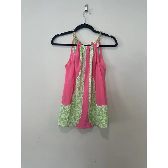 Lilly Pulitzer Blouse Pink Green Riviera Silk Chain Halter Neck Tank Top Size XS - Picture 2 of 11